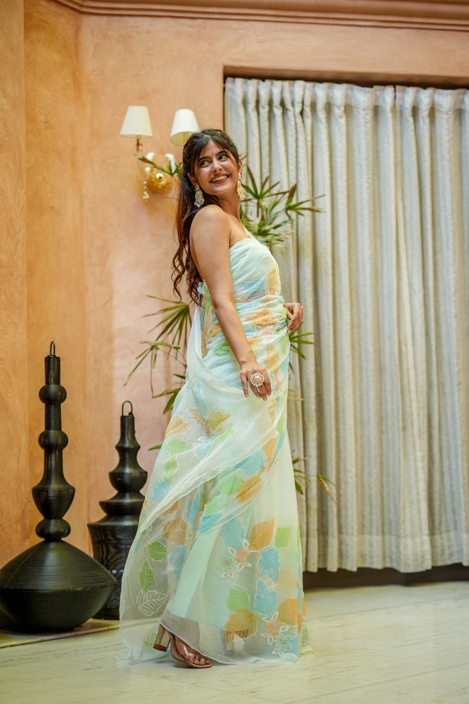 Mint Green Georgette Saree with Multicolor Leaf Embroidery & Attached Blouse – 5.5 Meters FANCY SAREES