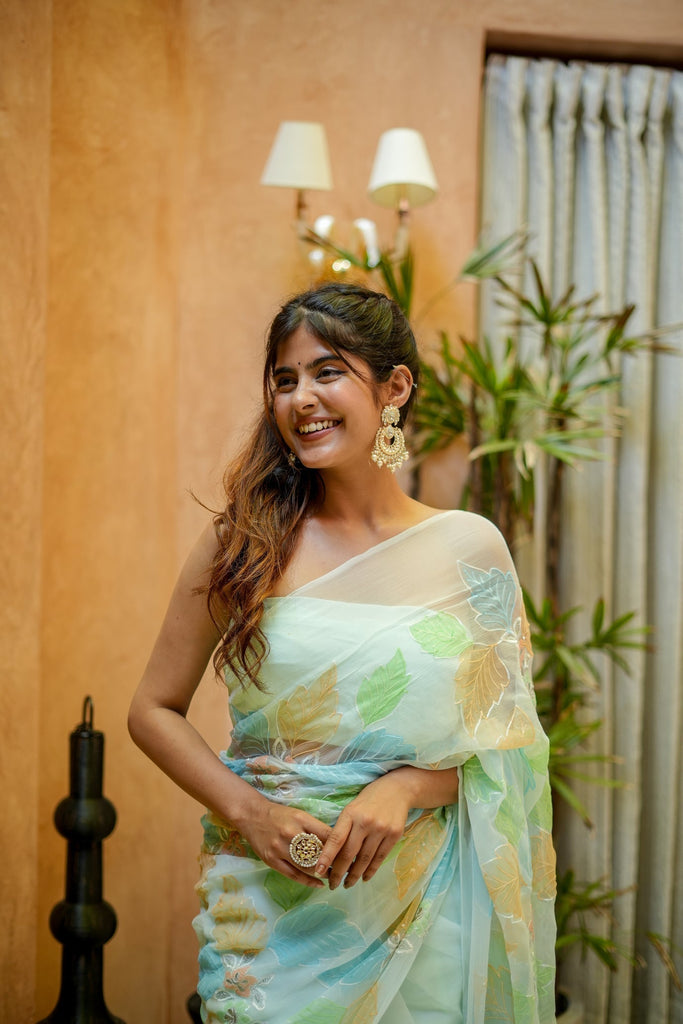 Mint Green Georgette Saree with Multicolor Leaf Embroidery & Attached Blouse – 5.5 Meters FANCY SAREES
