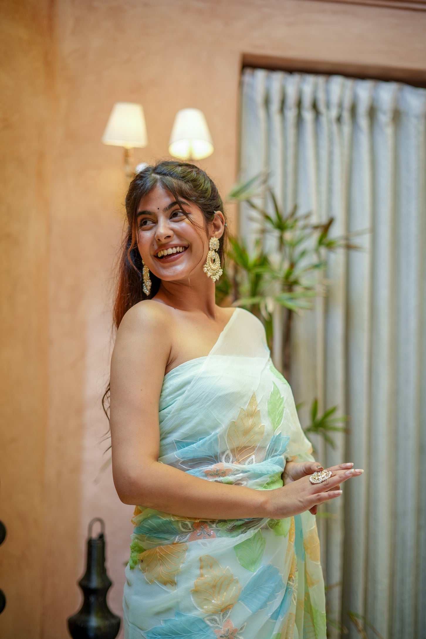 Mint Green Georgette Saree with Multicolor Leaf Embroidery & Attached Blouse – 5.5 Meters FANCY SAREES