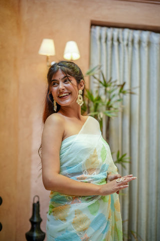 Mint Green Georgette Saree with Multicolor Leaf Embroidery & Attached Blouse – 5.5 Meters FANCY SAREES