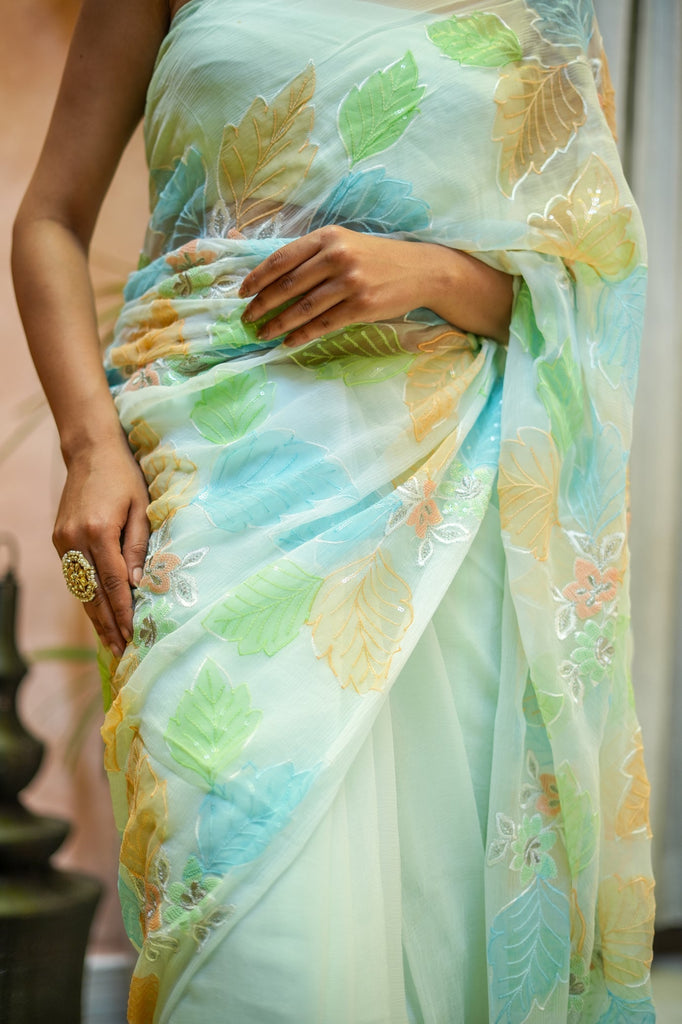 Mint Green Georgette Saree with Multicolor Leaf Embroidery & Attached Blouse – 5.5 Meters FANCY SAREES