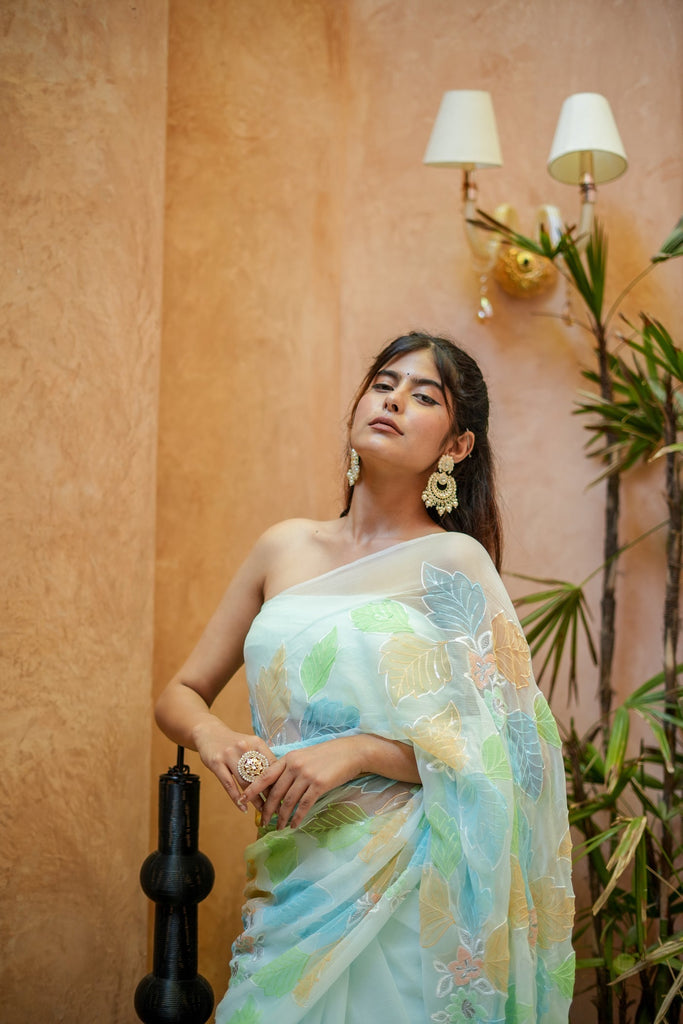 Mint Green Georgette Saree with Multicolor Leaf Embroidery & Attached Blouse – 5.5 Meters FANCY SAREES