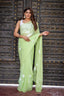 Lime Green Georgette Saree with White Hand-Embroidered Floral Motifs – Attached Blouse – 5.5 Meters FANCY SAREES
