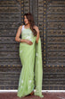 Load image into Gallery viewer, Lime Green Georgette Saree with White Hand-Embroidered Floral Motifs – Attached Blouse – 5.5 Meters FANCY SAREES