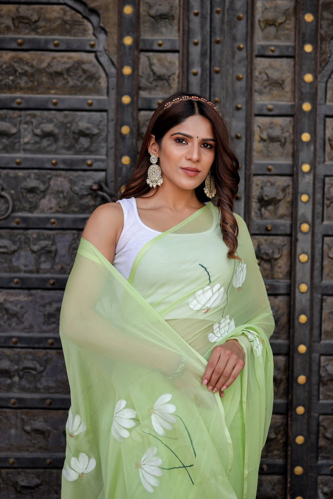 Lime Green Georgette Saree with White Hand-Embroidered Floral Motifs – Attached Blouse – 5.5 Meters FANCY SAREES