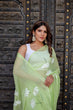 Load image into Gallery viewer, Lime Green Georgette Saree with White Hand-Embroidered Floral Motifs – Attached Blouse – 5.5 Meters FANCY SAREES