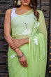Load image into Gallery viewer, Lime Green Georgette Saree with White Hand-Embroidered Floral Motifs – Attached Blouse – 5.5 Meters FANCY SAREES