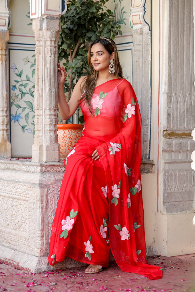 Crimson Red Georgette Saree with Hand-Painted Pink Floral Motifs – Attached Blouse – 5.5 Meters FANCY SAREES