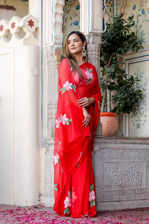 Crimson Red Georgette Saree with Hand-Painted Pink Floral Motifs – Attached Blouse – 5.5 Meters FANCY SAREES