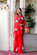 Load image into Gallery viewer, Crimson Red Georgette Saree with Hand-Painted Pink Floral Motifs – Attached Blouse – 5.5 Meters FANCY SAREES