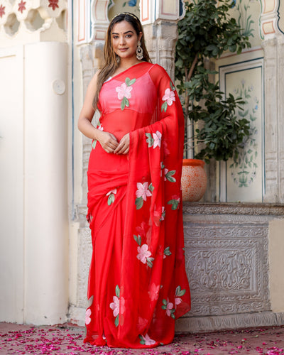 Crimson Red Georgette Saree with Hand-Painted Pink Floral Motifs – Attached Blouse – 5.5 Meters FANCY SAREES