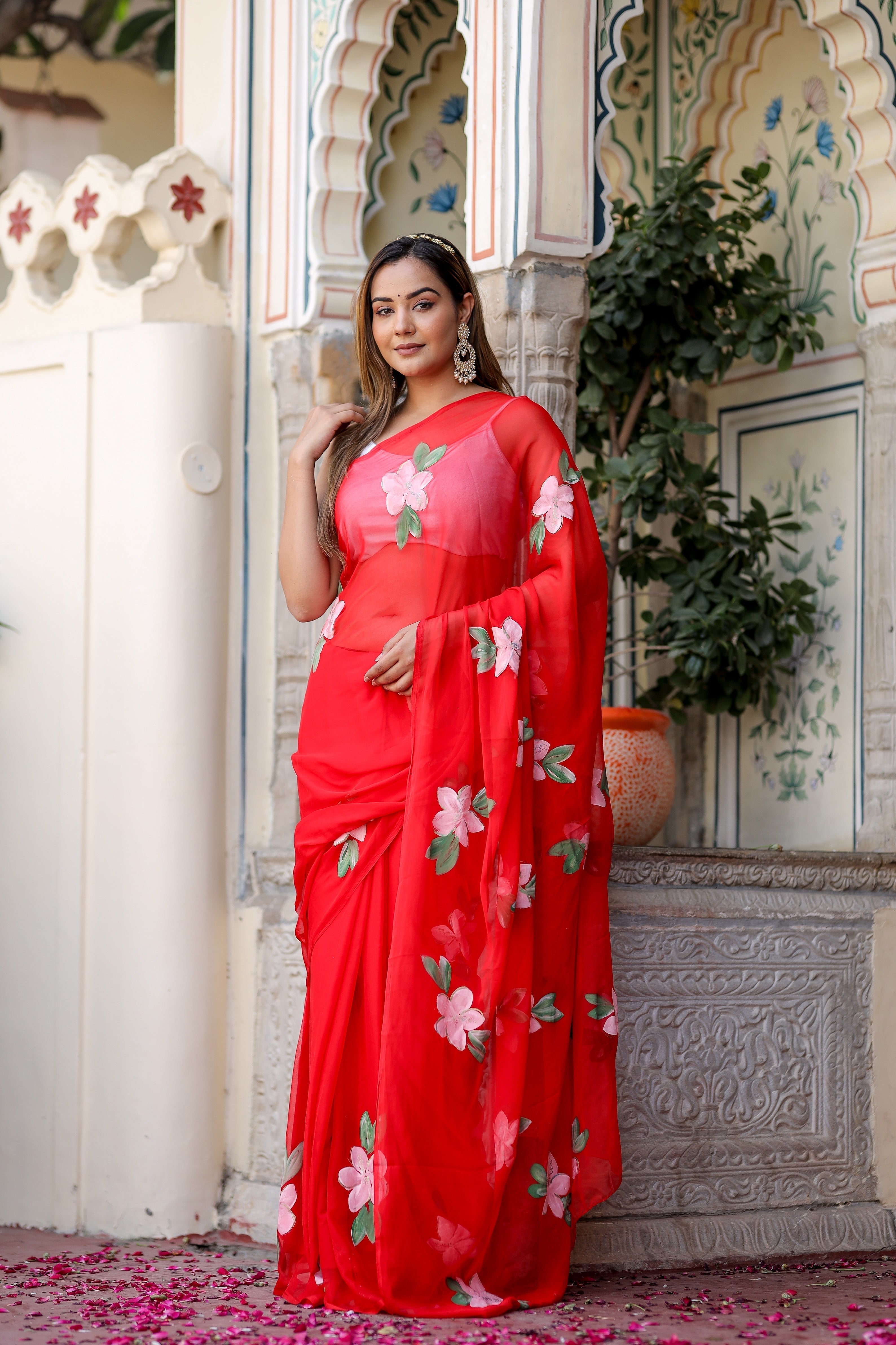 Crimson Red Georgette Saree with Hand-Painted Pink Floral Motifs – Attached Blouse – 5.5 Meters FANCY SAREES