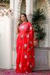 Load image into Gallery viewer, Crimson Red Georgette Saree with Hand-Painted Pink Floral Motifs – Attached Blouse – 5.5 Meters FANCY SAREES