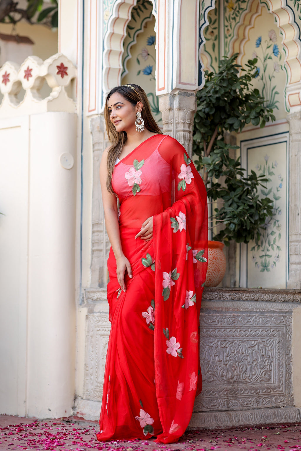 Crimson Red Georgette Saree with Hand-Painted Pink Floral Motifs – Attached Blouse – 5.5 Meters FANCY SAREES