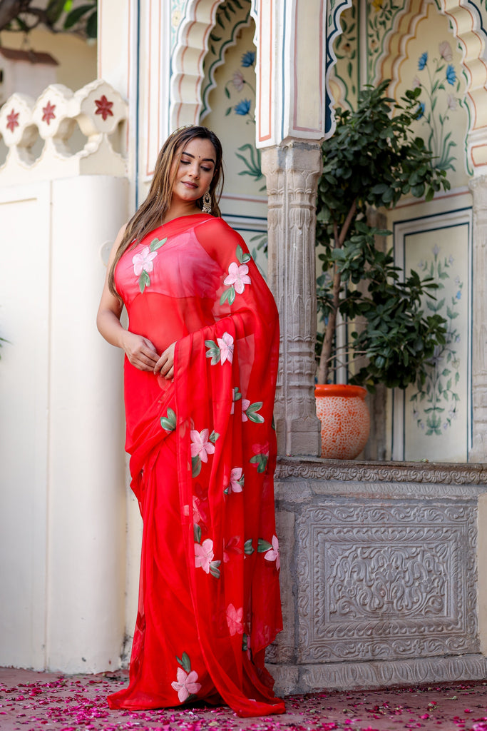 Crimson Red Georgette Saree with Hand-Painted Pink Floral Motifs – Attached Blouse – 5.5 Meters FANCY SAREES