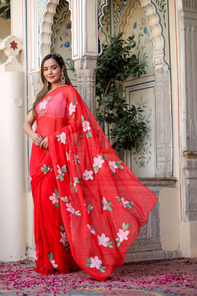 Hot Pink Georgette Saree with Hand-Painted White Floral Vines – Attached Blouse – 5.5 Meters FANCY SAREES