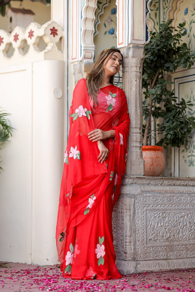 Crimson Red Georgette Saree with Hand-Painted Pink Floral Motifs – Attached Blouse – 5.5 Meters FANCY SAREES