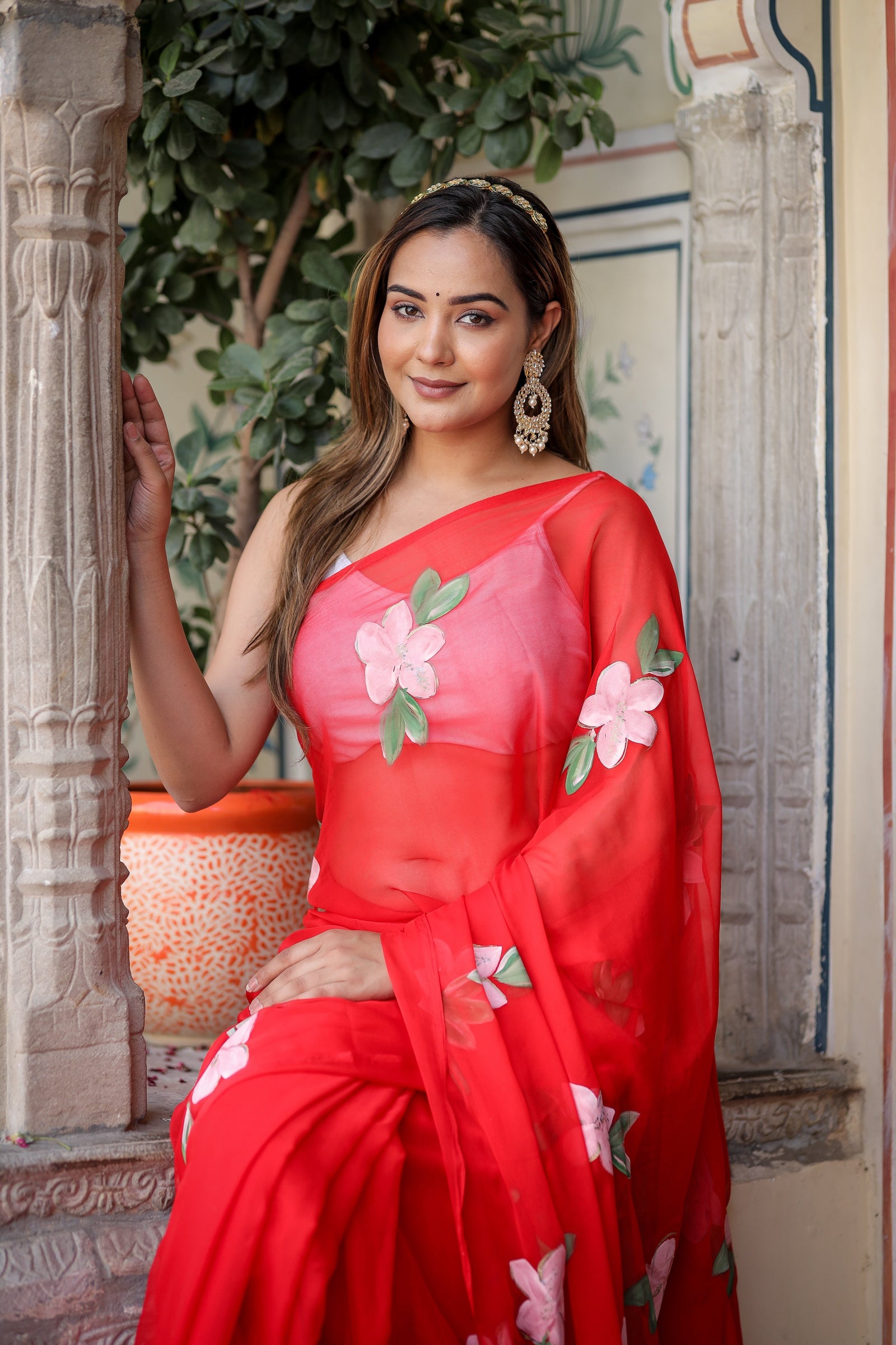 Crimson Red Georgette Saree with Hand-Painted Pink Floral Motifs – Attached Blouse – 5.5 Meters FANCY SAREES