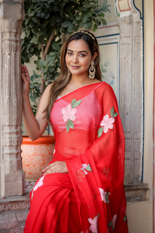 Crimson Red Georgette Saree with Hand-Painted Pink Floral Motifs – Attached Blouse – 5.5 Meters FANCY SAREES