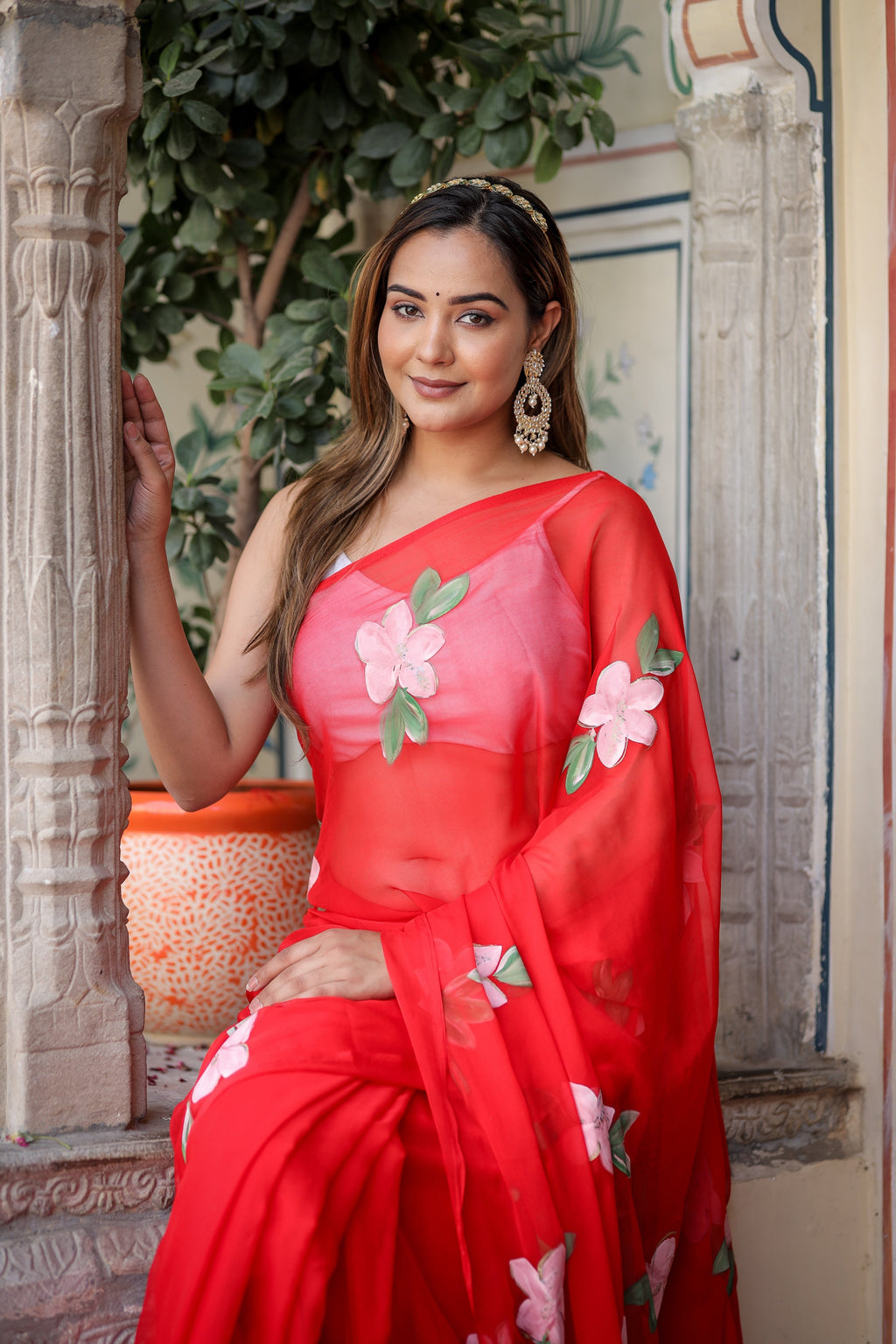 Hot Pink Georgette Saree with Hand-Painted White Floral Vines – Attached Blouse – 5.5 Meters FANCY SAREES