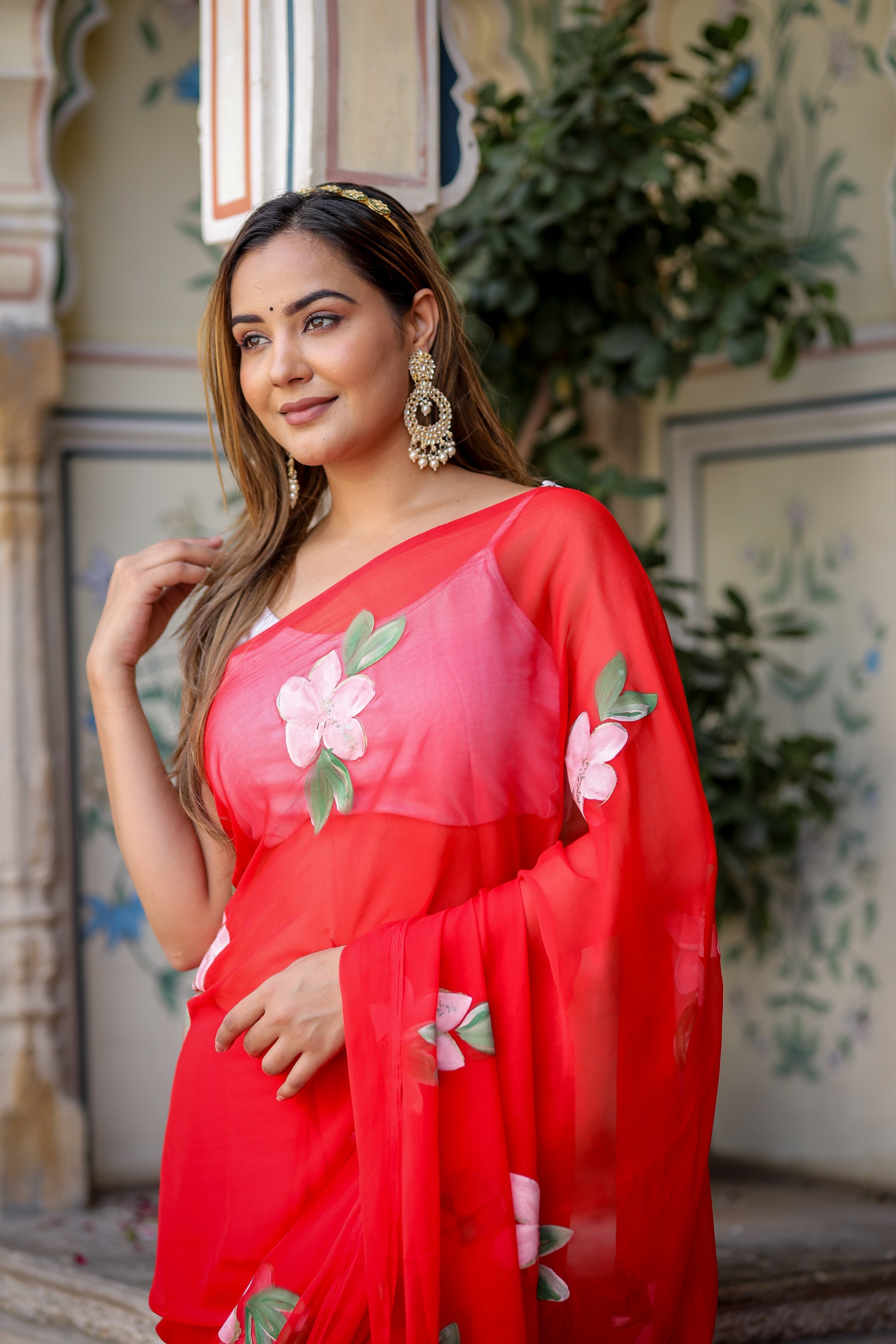 Crimson Red Georgette Saree with Hand-Painted Pink Floral Motifs – Attached Blouse – 5.5 Meters FANCY SAREES