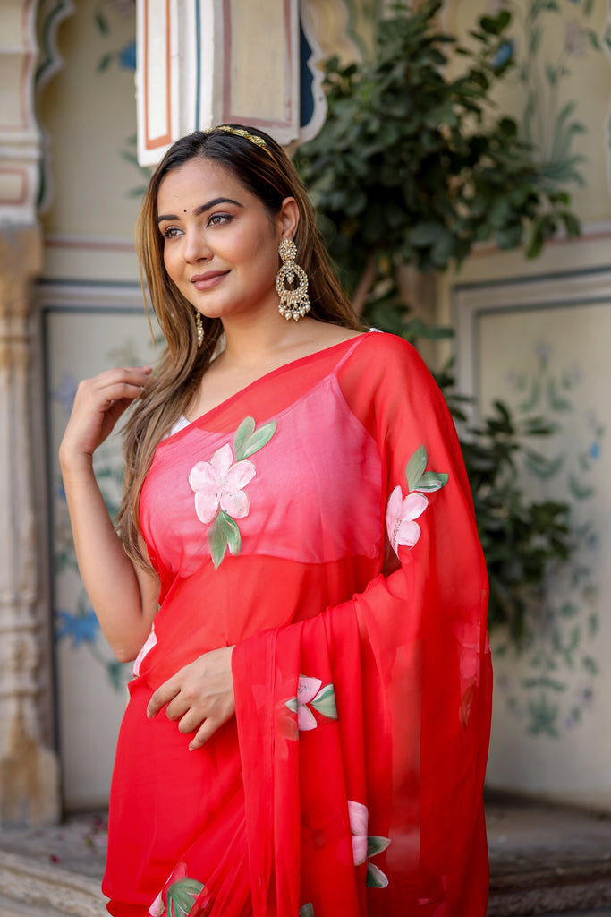 Crimson Red Georgette Saree with Hand-Painted Pink Floral Motifs – Attached Blouse – 5.5 Meters FANCY SAREES