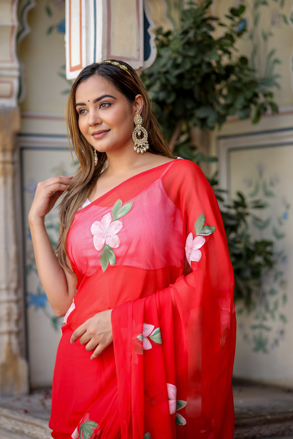 Hot Pink Georgette Saree with Hand-Painted White Floral Vines – Attached Blouse – 5.5 Meters FANCY SAREES