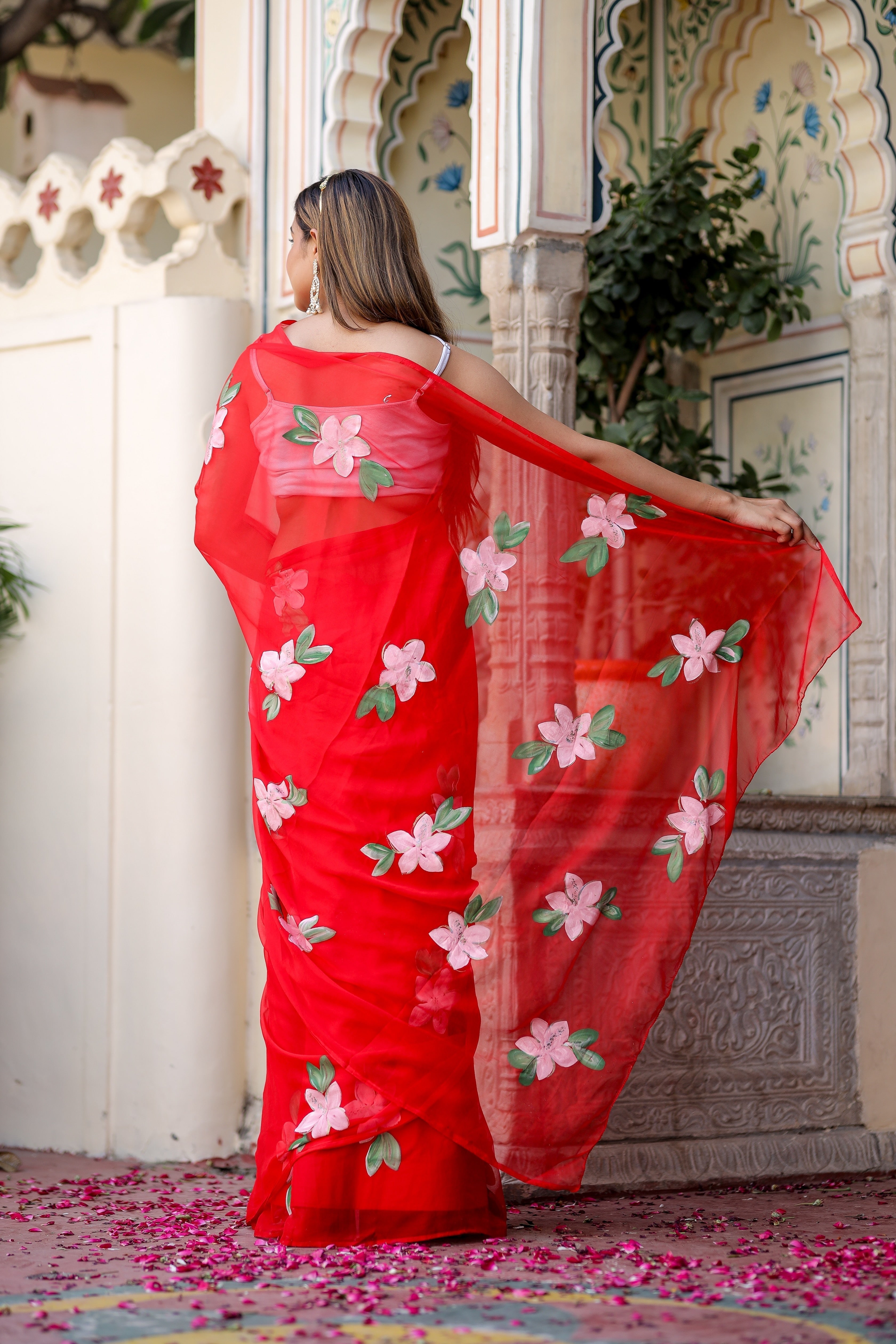 Crimson Red Georgette Saree with Hand-Painted Pink Floral Motifs – Attached Blouse – 5.5 Meters FANCY SAREES
