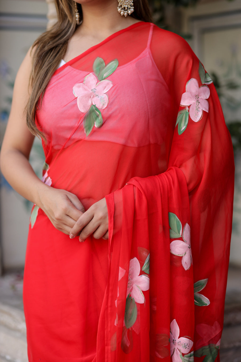 Crimson Red Georgette Saree with Hand-Painted Pink Floral Motifs – Attached Blouse – 5.5 Meters FANCY SAREES