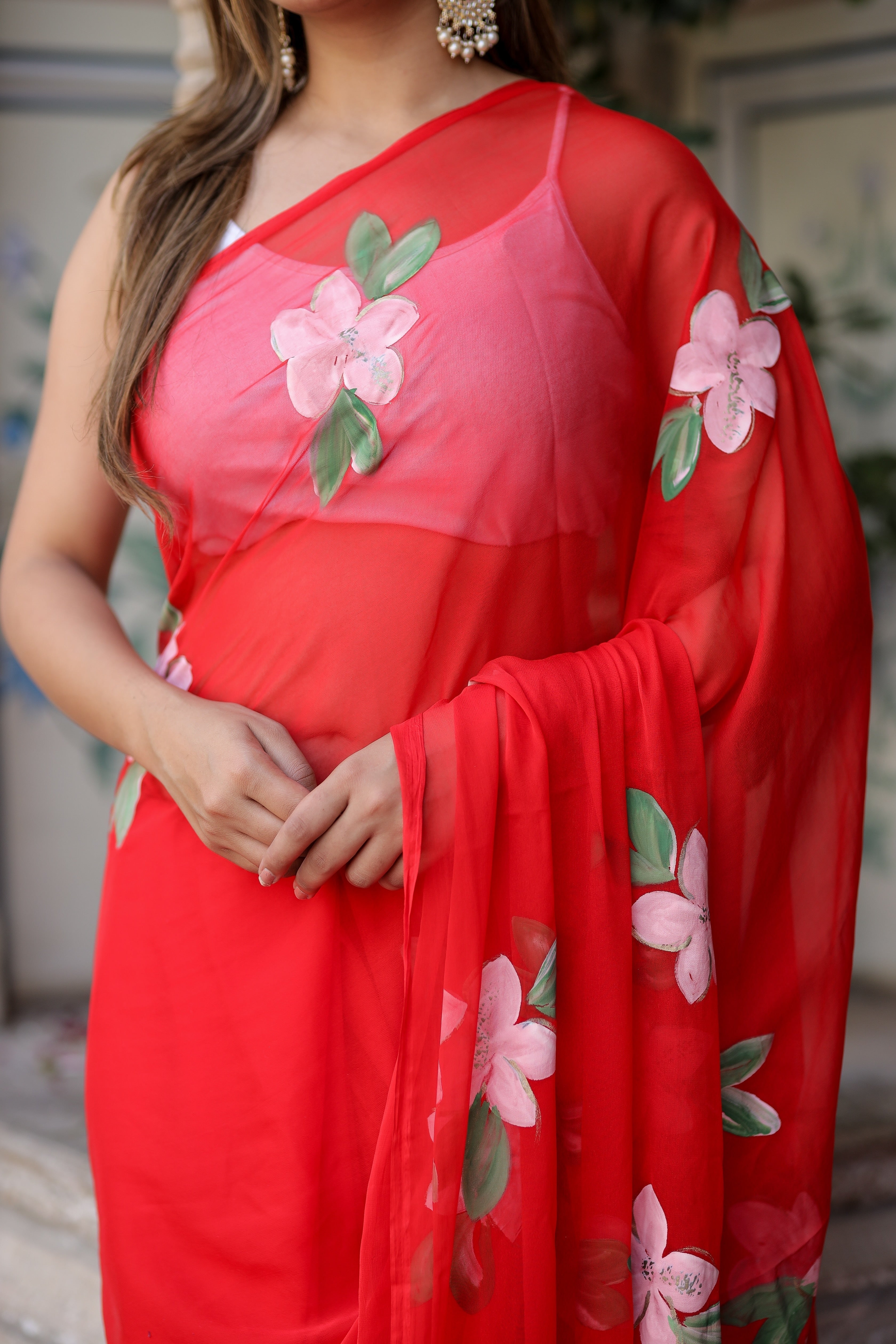 Crimson Red Georgette Saree with Hand-Painted Pink Floral Motifs – Attached Blouse – 5.5 Meters FANCY SAREES