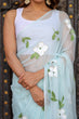 Load image into Gallery viewer, Pastel Blue Georgette Saree with Hand-Painted White Floral Motifs &amp; Green Leaves – Attached Blouse – 5.5 Meters FANCY SAREES