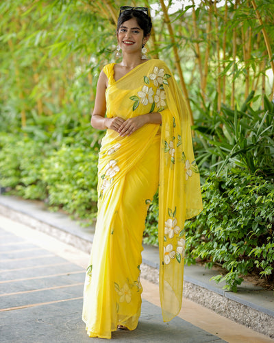 Sunshine Yellow Georgette Saree with Hand-Painted White Floral Motifs – Attached Blouse – 5.5 Meters FANCY SAREES