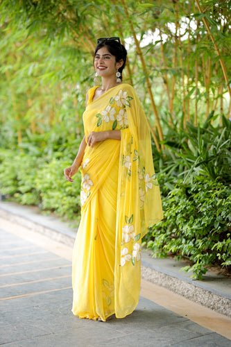 Sunshine Yellow Georgette Saree with Hand-Painted White Floral Motifs – Attached Blouse – 5.5 Meters FANCY SAREES