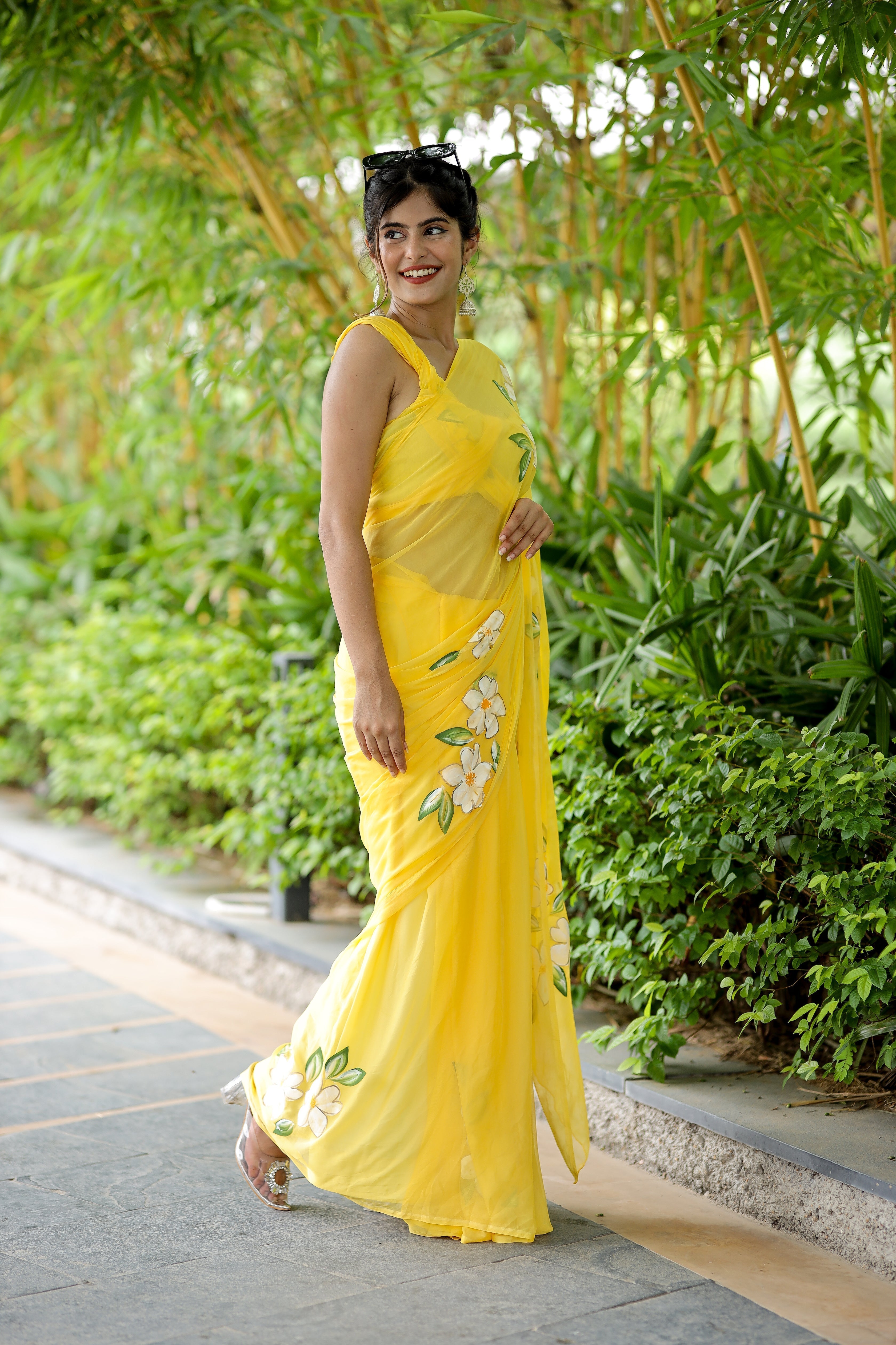 Sunshine Yellow Georgette Saree with Hand-Painted White Floral Motifs – Attached Blouse – 5.5 Meters FANCY SAREES