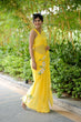 Load image into Gallery viewer, Sunshine Yellow Georgette Saree with Hand-Painted White Floral Motifs – Attached Blouse – 5.5 Meters FANCY SAREES