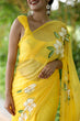 Load image into Gallery viewer, Sunshine Yellow Georgette Saree with Hand-Painted White Floral Motifs – Attached Blouse – 5.5 Meters FANCY SAREES