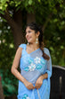 Load image into Gallery viewer, Sky Blue Georgette Saree with Hand-Painted White Floral Motifs – Attached Blouse – 5.5 Meters FANCY SAREES