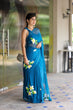 Load image into Gallery viewer, Teal Blue Georgette Saree with Hand-Painted Yellow &amp; White Floral Motifs – Attached Blouse – 5.5 Meters FANCY SAREES
