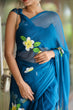 Load image into Gallery viewer, Teal Blue Georgette Saree with Hand-Painted Yellow &amp; White Floral Motifs – Attached Blouse – 5.5 Meters FANCY SAREES