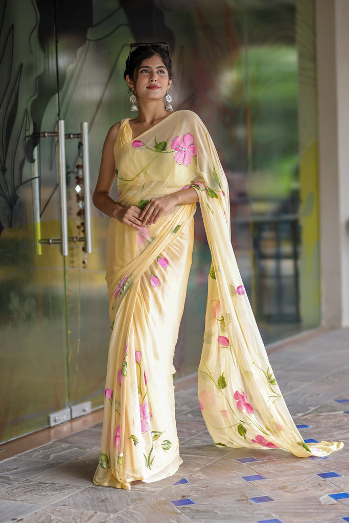 Butter Yellow Georgette Saree with Hand-Painted Pink Floral Vines – Attached Blouse – 5.5 Meters FANCY SAREES