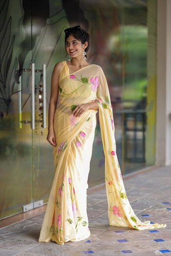 Butter Yellow Georgette Saree with Hand-Painted Pink Floral Vines – Attached Blouse – 5.5 Meters FANCY SAREES