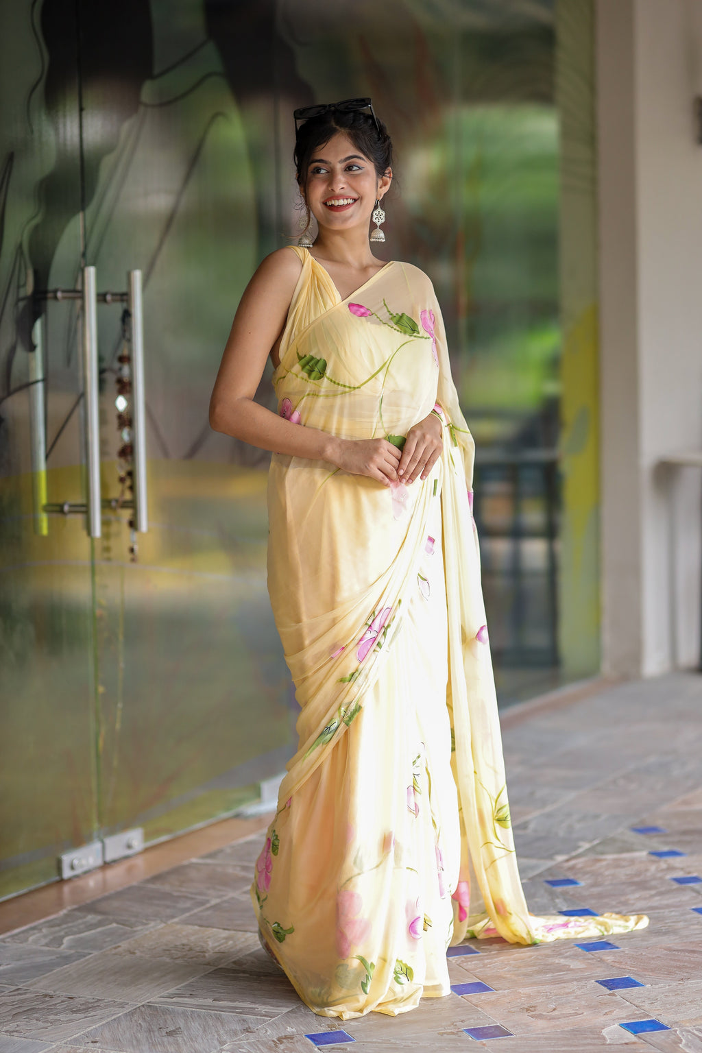Butter Yellow Georgette Saree with Hand-Painted Pink Floral Vines – Attached Blouse – 5.5 Meters FANCY SAREES