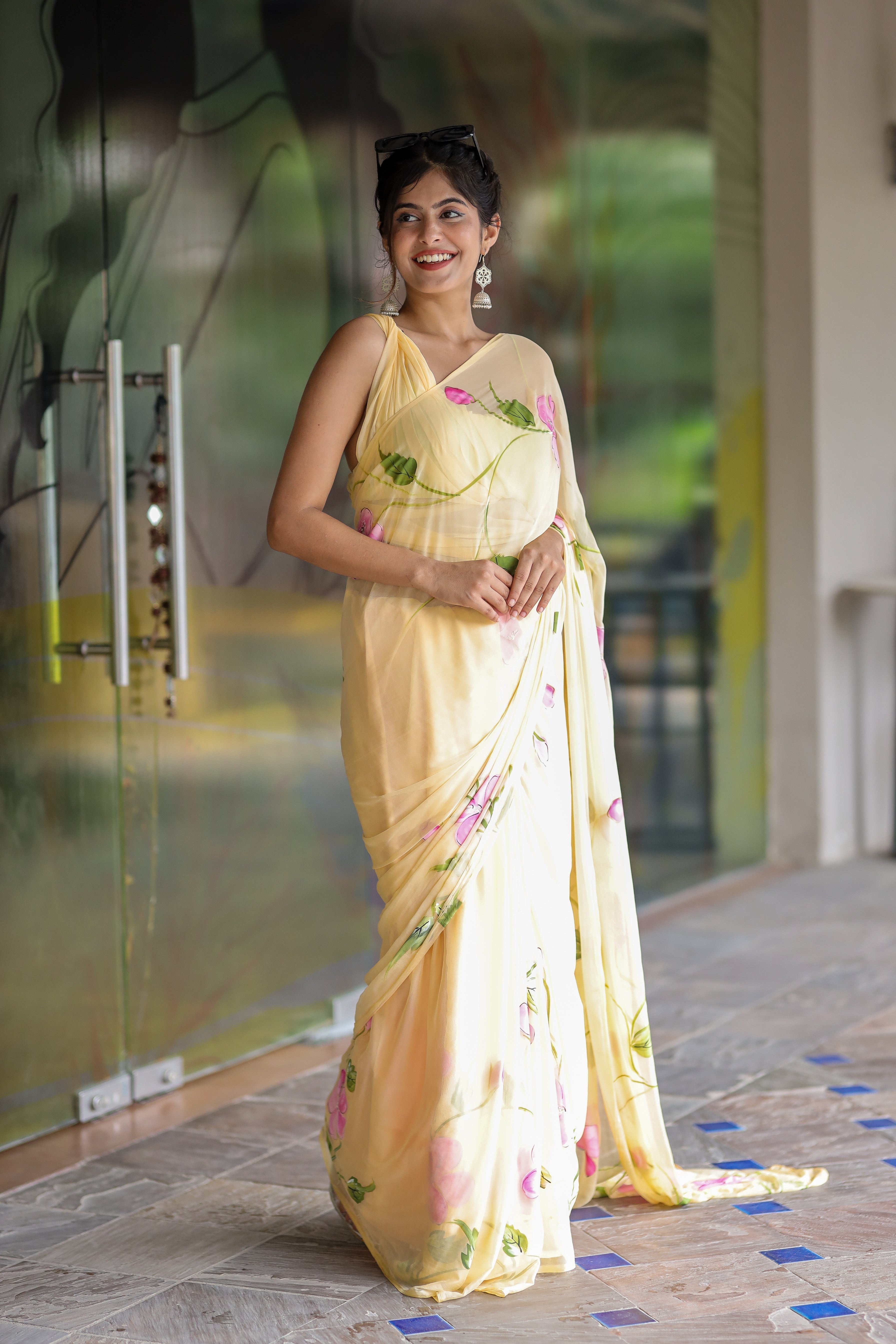 Butter Yellow Georgette Saree with Hand-Painted Pink Floral Vines – Attached Blouse – 5.5 Meters FANCY SAREES