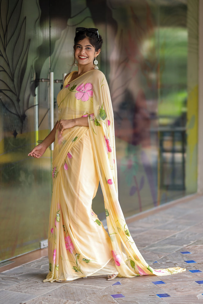 Butter Yellow Georgette Saree with Hand-Painted Pink Floral Vines – Attached Blouse – 5.5 Meters FANCY SAREES