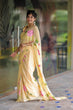 Load image into Gallery viewer, Butter Yellow Georgette Saree with Hand-Painted Pink Floral Vines – Attached Blouse – 5.5 Meters FANCY SAREES