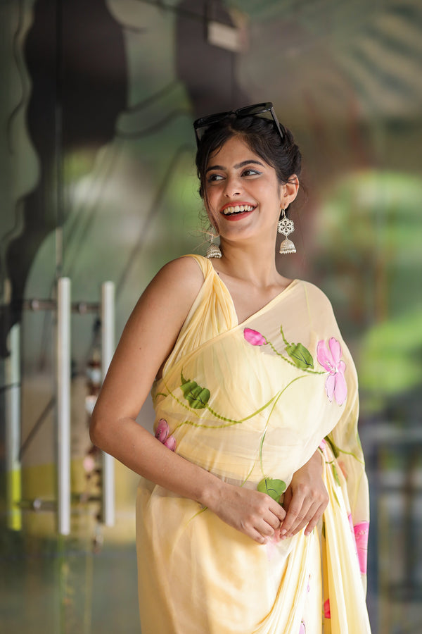 Butter Yellow Georgette Saree with Hand-Painted Pink Floral Vines – Attached Blouse – 5.5 Meters FANCY SAREES