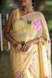 Load image into Gallery viewer, Butter Yellow Georgette Saree with Hand-Painted Pink Floral Vines – Attached Blouse – 5.5 Meters FANCY SAREES