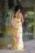 Load image into Gallery viewer, Butter Yellow Georgette Saree with Hand-Painted Pink Floral Vines – Attached Blouse – 5.5 Meters FANCY SAREES