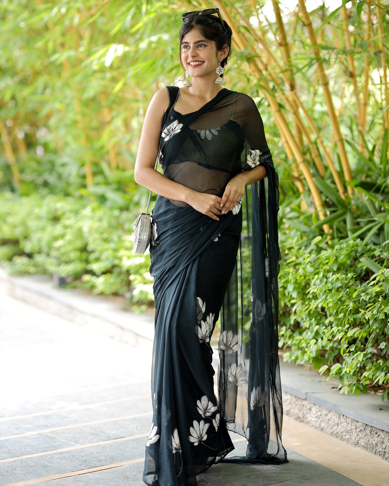 Black Georgette Saree with Hand-Painted White Florals – Attached Blouse – 5.5 Meters FANCY SAREES