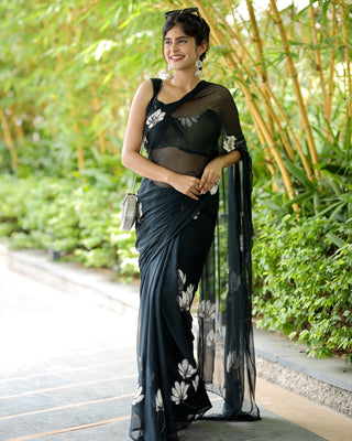 Black Georgette Saree with Hand-Painted White Florals – Attached Blouse – 5.5 Meters FANCY SAREES